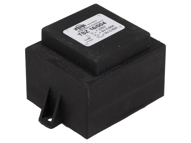 Transformator: ingegoten; 16VA; 230VAC; 9V; 9V; 890mA; 890mA Transformator: ingegoten; 16VA; 230VAC; 9V; 9V; 890mA; 890mA